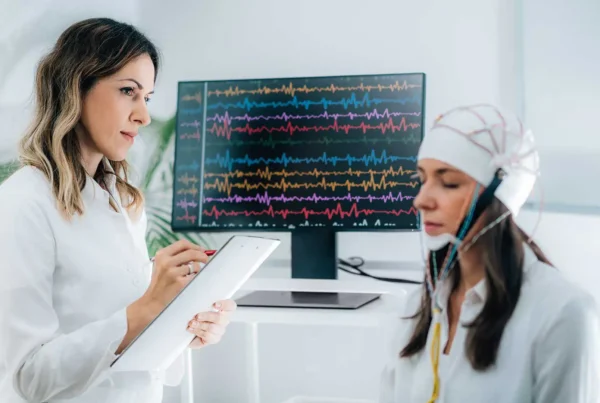 Diese Frau ist bei einem EEG (Elektroenzephalogramm), einem Test zur Messung der elektrischen Aktivität im Gehirn. Schlafstörung bekämpfen.